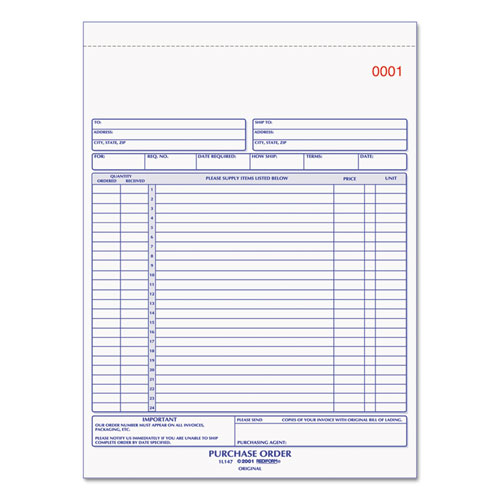 Picture of Purchase Order Book, 17 Lines, Three-Part Carbonless, 8.5 x 11, 50 Forms Total
