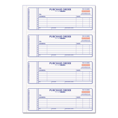 Picture of Purchase Order Book, 5 Lines, Two-Part Carbonless, 7 x 2.75, 4 Forms/Sheet, 400 Forms Total