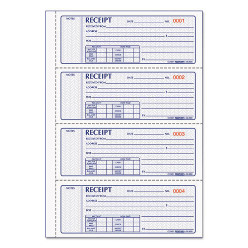 Picture of Money Receipt Book, Softcover, Three-Part Carbonless, 7 x 2.75, 4 Forms/Sheet, 100 Forms Total