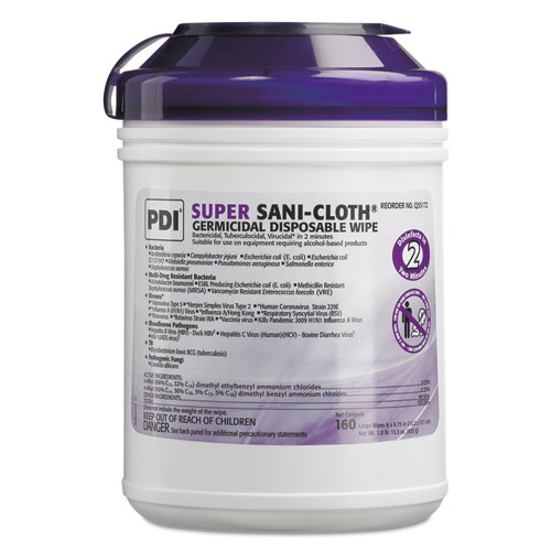 Picture of Super Sani-Cloth Germicidal Disposable Wipes, 1-Ply, 6 x 6.75, Unscented, White, 160/Canister, 12 Canisters/Carton