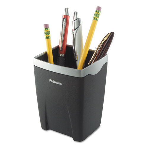 Picture of Office Suites Divided Pencil Cup, Plastic, 3.13 x 3.13 x 4.25, Black/Silver