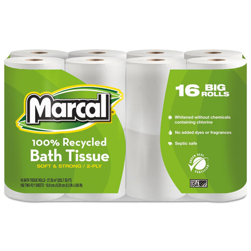 Picture of 100% Recycled 2-Ply Bath Tissue, Septic Safe, White, 168 Sheets/Roll, 96 Rolls/Carton