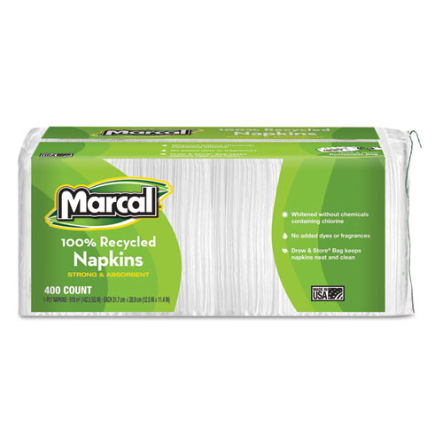 Picture of 100% Recycled Lunch Napkins, 1-Ply, 11.4 x 12.5, White, 400/Pack