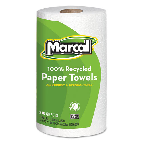 Picture of 100% Premium Recycled Kitchen Roll Towels, 2-Ply, 11 x 8.8, White, 210 Sheets, 12 Rolls/Carton