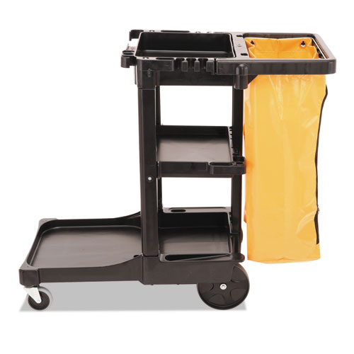 Picture of Multi-Shelf Cleaning Cart, Plastic, 4 Shelves, 1 Bin, 20" x 45" x 38.25", Black