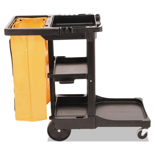 Picture of Multi-Shelf Cleaning Cart, Plastic, 4 Shelves, 1 Bin, 20" x 45" x 38.25", Black