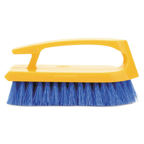 Picture of Iron-Shaped Handle Scrub Brush, Blue Polypropylene Bristles, 6" Brush, 6" Yellow Plastic Handle