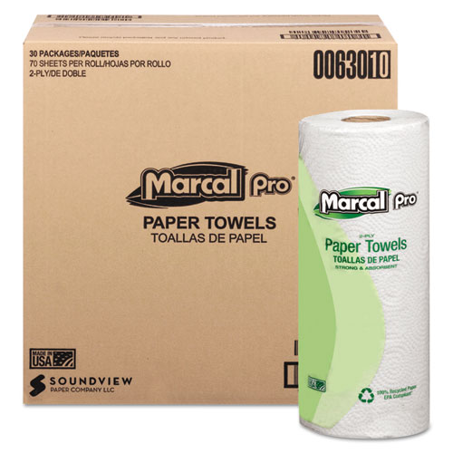 Picture of 100% Premium Recycled Kitchen Roll Towels, 2-Ply, 11 x 9, White, 70/Roll, 30 Rolls/Carton