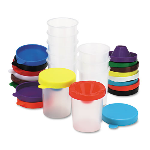 Picture of No-Spill Paint Cups, Assorted Color Lids/Cear Cups, 10/Set