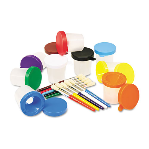 No-Spill+Cups+And+Coordinating+Brushes%2C+Assorted+Color+Lids%2Fclear+Cups%2C+10%2Fset