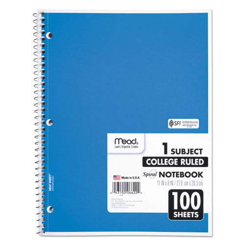 Picture of Spiral Notebook, 3-Hole Punched, 1-Subject, Medium/College Rule, Randomly Assorted Cover Color, (100) 11 x 8 Sheets