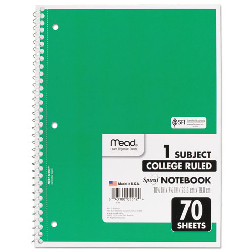 Picture of Spiral Notebook, 3-Hole Punched, 1-Subject, Medium/College Rule, Randomly Assorted Cover Color, (70) 10.5 x 7.5 Sheets