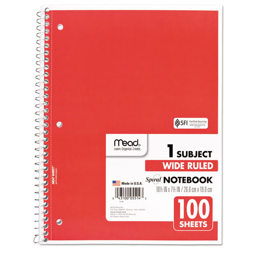 Picture of Spiral Notebook, 3-Hole Punched, 1-Subject, Wide/Legal Rule, Randomly Assorted Cover Color, (100) 10.5 x 7.5 Sheets