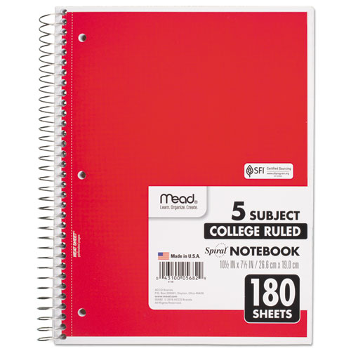 Picture of Spiral Notebook, 5-Subject, Medium/College Rule, Randomly Assorted Cover Color, (180) 10.5 x 8 Sheets