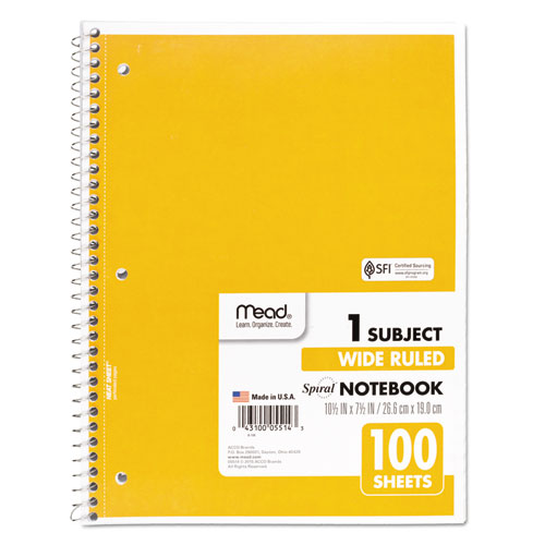 Picture of Spiral Notebook, 3-Hole Punched, 1-Subject, Wide/Legal Rule, Randomly Assorted Cover Color, (100) 10.5 x 7.5 Sheets