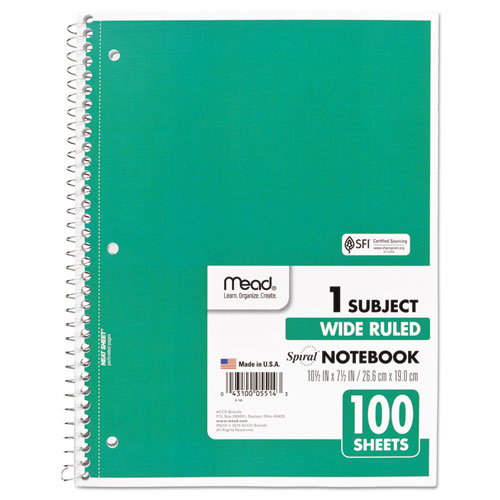 Picture of Spiral Notebook, 3-Hole Punched, 1-Subject, Wide/Legal Rule, Randomly Assorted Cover Color, (100) 10.5 x 7.5 Sheets