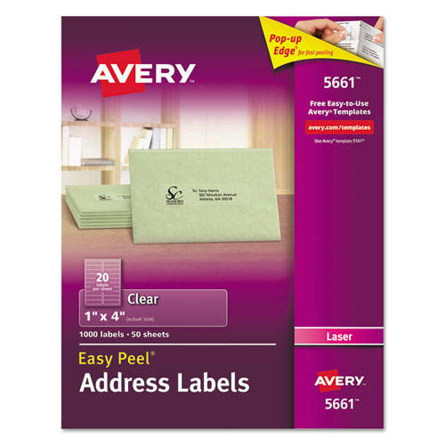 Picture of Matte Clear Easy Peel Mailing Labels w/ Sure Feed Technology, Laser Printers, 1 x 4, Clear, 20/Sheet, 50 Sheets/Box