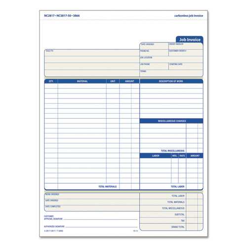 Picture of Job Invoice, Snap-Off Triplicate Form, Three-Part Carbonless, 8.5 x 11.63, 50 Forms Total