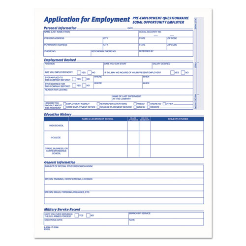 Picture of Comprehensive Employee Application Form, One-Part (No Copies), 17 x 11, 25 Forms Total