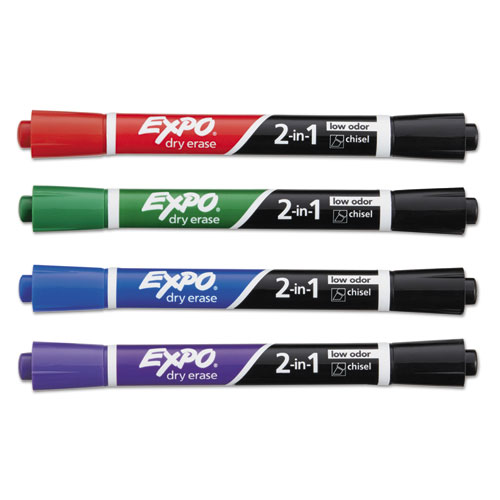 Picture of 2-in-1 Dry Erase Markers, Fine/Broad Chisel Tips, Assorted Primary Colors, 4/Pack