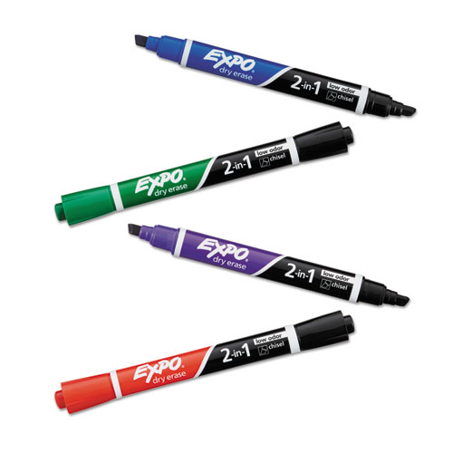 Picture of 2-in-1 Dry Erase Markers, Fine/Broad Chisel Tips, Assorted Primary Colors, 4/Pack