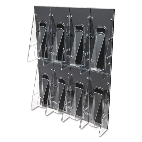 Picture of Stand-Tall 8-Bin Wall-Mount Literature Rack, Leaflet, 18.25w x 3.38d x 23.75h, Clear/Black