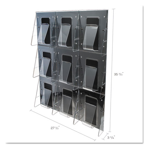 Picture of Stand-Tall 9-Bin Wall-Mount Literature Rack, Mag, 27.5w x 3.38d x 35.63h, Clear/Black