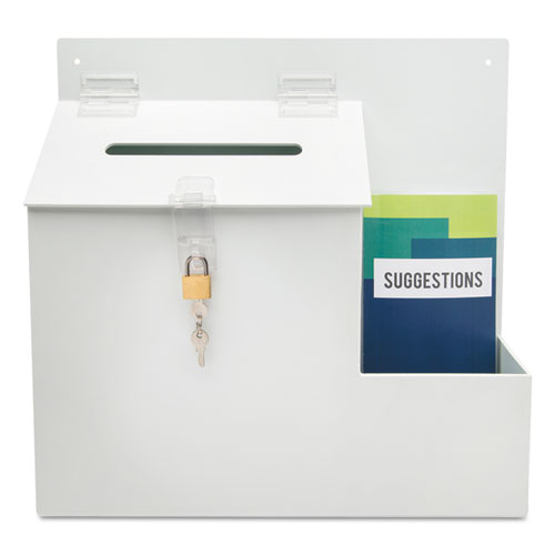 Picture of Suggestion Box Literature Holder with Locking Top, 13.75 x 3.63 x 13.94, Plastic, White, Ships in 4-6 Business Days