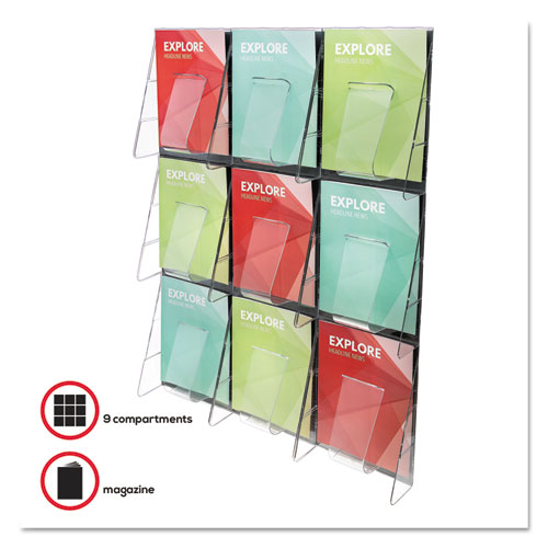 Picture of Stand-Tall 9-Bin Wall-Mount Literature Rack, Mag, 27.5w x 3.38d x 35.63h, Clear/Black