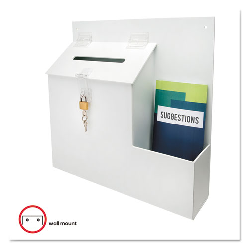 Picture of Suggestion Box Literature Holder with Locking Top, 13.75 x 3.63 x 13.94, Plastic, White, Ships in 4-6 Business Days
