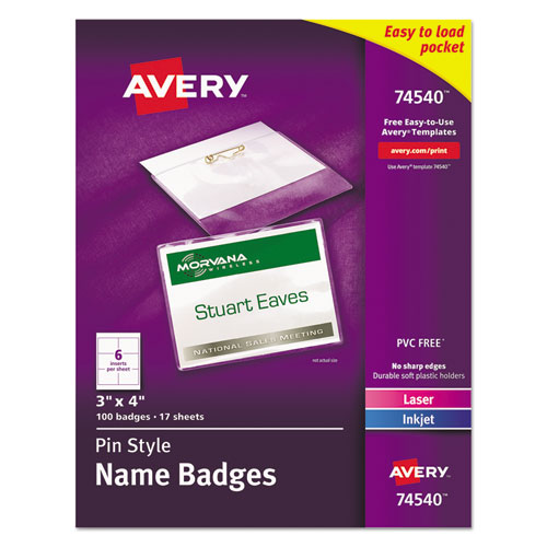 Picture of Pin-Style Badge Holder with Laser/Inkjet Insert, Top Load, 4 x 3, White, 100/Box