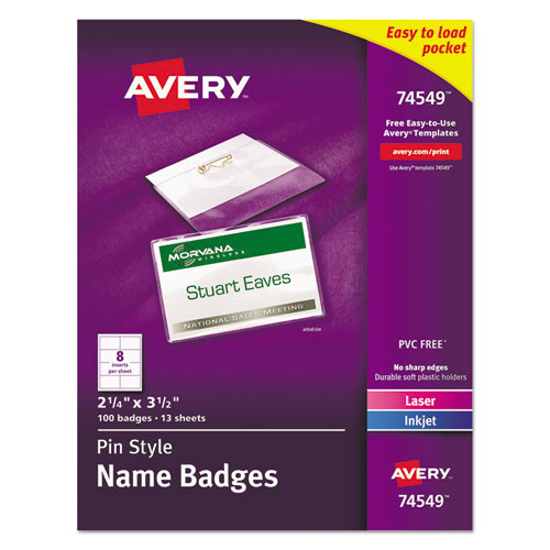 Picture of Pin-Style Badge Holder with Laser/Inkjet Insert, Top Load, 3.5 x 2.25, White, 100/Box