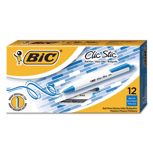 Clic+Stic+Ballpoint+Pen%2C+Retractable%2C+Medium+1+Mm%2C+Blue+Ink%2C+White+Barrel%2C+Dozen