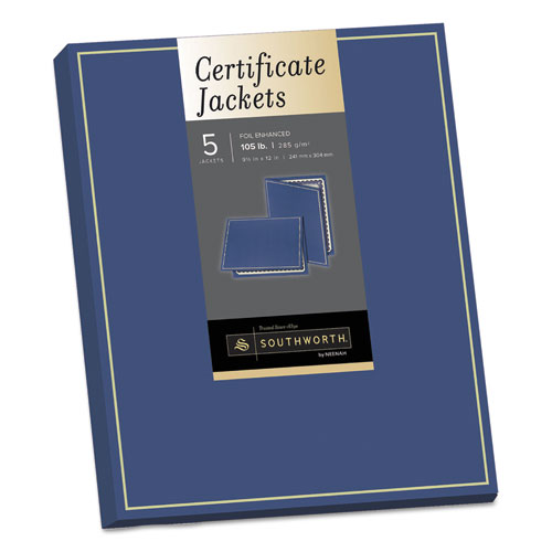 Certificate+Jacket%2C+Navy%2FGold+Border%2C+88-lb+Felt+Finish+Stock%2C+12+x+9.5%2C+5%2FPack