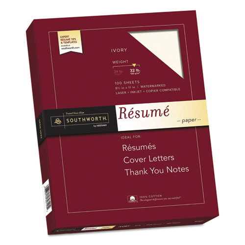 100% COTTON RESUME PAPER, 32 LB, 8.5 X 11, IVORY, 100/PACK
