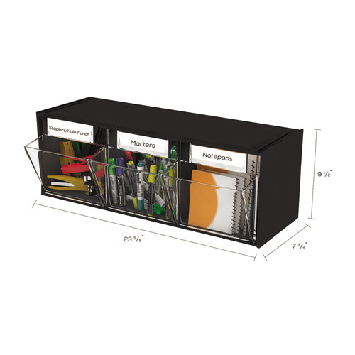 Picture of Tilt Bin Interlocking Multi-Bin Storage Organizer, 3 Sections, 23.63" x 7.75" x 9.5", Black/Clear