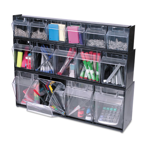 Picture of Tilt Bin Interlocking Multi-Bin Storage Organizer, 4 Sections, 23.63" x 6.63" x 8.13", Black/Clear