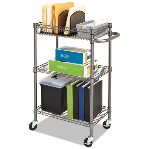 Picture of Three-Tier Wire Cart with Basket, Metal, 2 Shelves, 1 Bin, 500 lb Capacity, 28" x 16" x 39", Black Anthracite