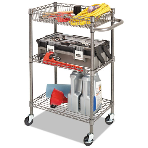 Picture of Three-Tier Wire Cart with Basket, Metal, 2 Shelves, 1 Bin, 500 lb Capacity, 28" x 16" x 39", Black Anthracite