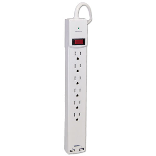 Picture of Surge Protector, 6 AC Outlets/2 USB Ports, 6 ft Cord, 1,080 J, White