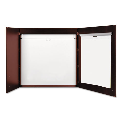 Picture of Conference Cabinet, Porcelain Magnetic Dry Erase Board, 48 x 48, White Surface, Cherry Wood Frame