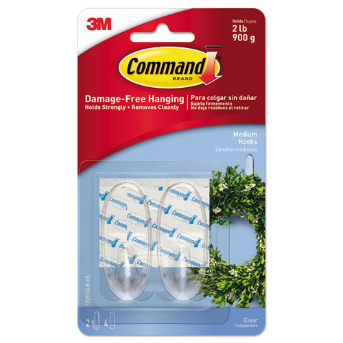 Clear+Hooks+and+Strips%2C+Medium%2C+Plastic%2C+2+lb+Capacity%2C+2+Hooks+and+4+Strips%2FPack