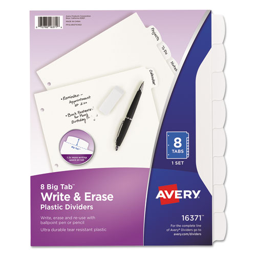 Picture of Write and Erase Big Tab Durable Plastic Dividers, 3-Hole Punched, 8-Tab, 11 x 8.5, White, 1 Set
