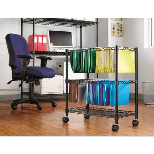 Picture of Two-Tier File Cart for Front-to-Back + Side-to-Side Filing, Metal, 1 Shelf, 3 Bins, 26" x 14" x 29.5", Black