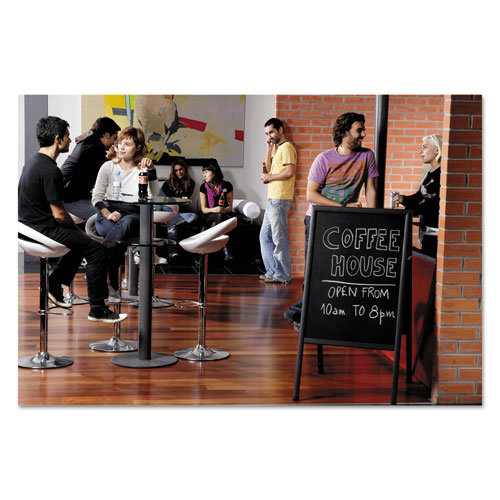 Picture of Reversible Wet Erase Sign Board with Poster Clips, Stands 42" Tall, 23" x 33" Black Surfaces, Satin Aluminum Frame