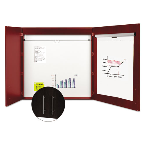 Picture of Conference Cabinet, Porcelain Magnetic Dry Erase Board, 48 x 48, White Surface, Cherry Wood Frame