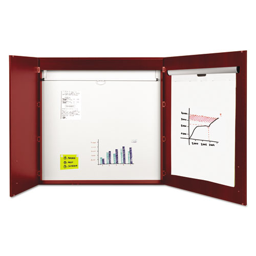 Picture of Conference Cabinet, Porcelain Magnetic Dry Erase Board, 48 x 48, White Surface, Cherry Wood Frame
