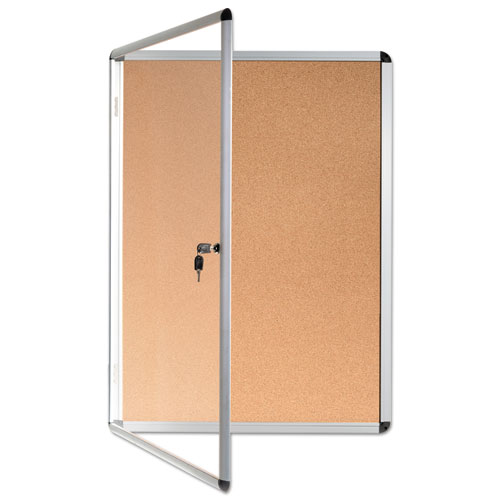 Picture of Slim-Line Enclosed Cork Bulletin Board with One Door, 28" x 38", Tan Surface, Satin Aluminum Frame