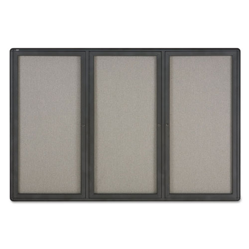 Picture of Enclosed Indoor Fabric Bulletin Board with Three Hinged Doors, 72" x 48", Gray Surface, Graphite Gray Aluminum Frame