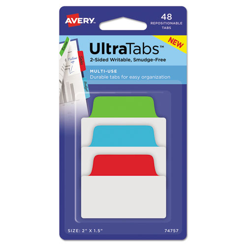 Picture of Ultra Tabs Repositionable Tabs, Standard: 2" x 1.5", 1/5-Cut, Assorted Colors (Blue, Green and Red), 48/Pack